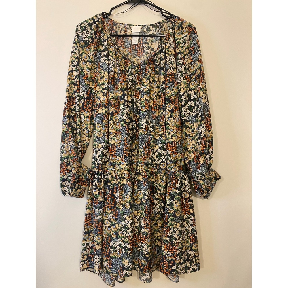 HM Women Floral Long Sleeve Tiered Mini Dress Navy Multi Viscose Blend Small